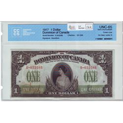 Dominion of Canada; $1.00 note 1917, DC-23b, serial X-652586, Green Line, No Seal, Letter D, CCCS UN