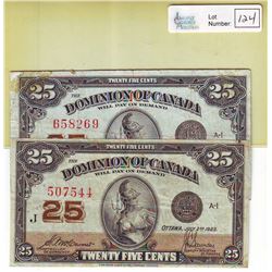 Dominion of Canada; $0.25 note 1923, DC-24c, J 507544 & DC-24d, M 658269, both Fine. Lot of 2 notes.