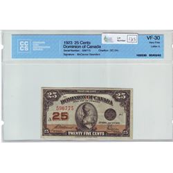 Dominion of Canada; $0.25 note 1923, DC-24c, A 596775 &  L 126972, both CCCS VF-30. Lot of 2 notes.