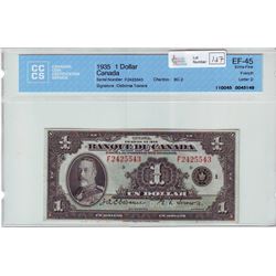 Bank of Canada; $1.00 note 1935, BC-2, Osborne Towers, serial F2425543, CCCS EF-45.