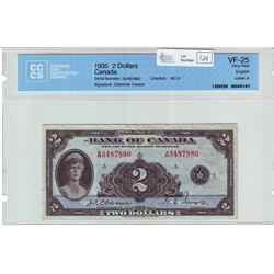 Bank of Canada; $2.00 note 1935, BC-3, Osborne Towers, serial A3487880, CCCS VF-25.