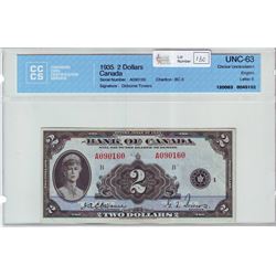 Bank of Canada; $2.00 note 1935, BC-3, Osborne Towers, serial A090160, CCCS UNC-63.