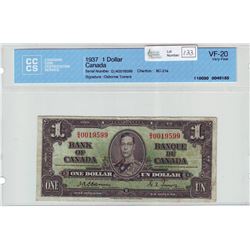 Bank of Canada; $1.00 note 1937, BC-21a, serial D/A0019599, CCCS VF-20.