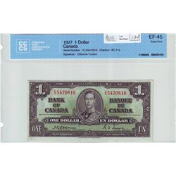 Bank of Canada; $1.00 note 1937, BC-21a, serial E/A5470816, CCCS EF-45.