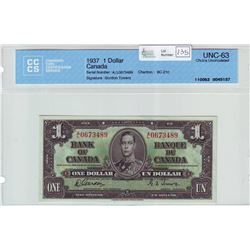 Bank of Canada; $1.00 note 1937, BC-21c, serial A/L0673489, CCCS UNC-63.