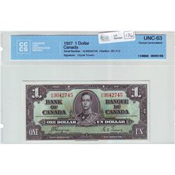 Bank of Canada; $1.00 note 1937, BC-21d, serial H/N3042745, CCCS UNC-63.