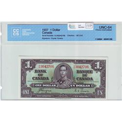 Bank of Canada; $1.00 note 1937, BC-21d, serial H/N3042706, CCCS UNC-64.