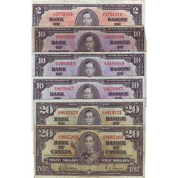 Bank of Canada; $2.00 1937 BC-22c J/R, $10.00 1937 BC-24b J/D U/D, $10.00 1937 BC-24c H/T & $20.00 1