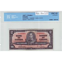 Bank of Canada; $2.00 note 1937, BC-22b, serial Y/B8498661, CCCS UNC-60.