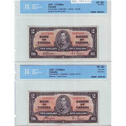 Bank of Canada; $2.00 note 1937, BC-22b, serial X/B8974990, CCCS VF-30 & BC-22c, serial L/R2803878, 