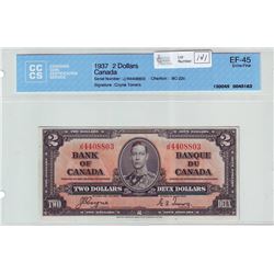 Bank of Canada; $2.00 note 1937, BC-22c, serial J/R4408803, CCCS EF-45.
