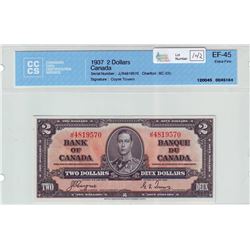 Bank of Canada; $2.00 note 1937, BC-22c, serial J/R4819570, CCCS EF-45.