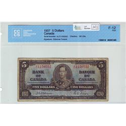 Bank of Canada; $5.00 note 1937, BC-23a, serial A/C1150552, CCCS F-12.