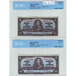 Bank of Canada; $5.00 note 1937, BC-23b, serial L/C4061115, CCCS VF-30 & BC-23c, serial D/S5911909, 
