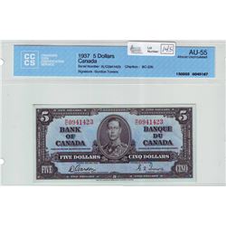Bank of Canada; $5.00 note 1937, BC-23b, serial R/C0941423, CCCS AU-55.