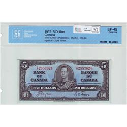 Bank of Canada; $5.00 note 1937, BC-23c, serial Z/C2553024, CCCS EF-45.