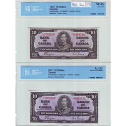 Bank of Canada; $10.00 note 1937, BC-24c, serial K/T3589510, CCCS VF-35 & BC-24c, serial J/T3281752,
