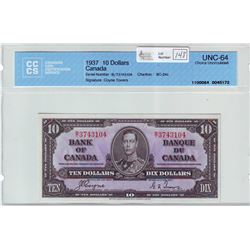 Bank of Canada; $10.00 note 1937, BC-24c, serial B/T3743104, CCCS UNC-64.