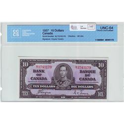 Bank of Canada; $10.00 note 1937, BC-24c, serial B/T3743179, CCCS UNC-64.