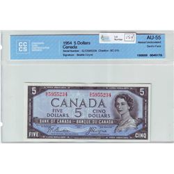 Bank of Canada; $5.00 Devil's Face note 1954, BC-31b, serial G/C5955234, CCCS AU-55.