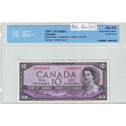 Bank of Canada; $10.00 Devil's Face note 1954, BC-32b, serial I/D2050826, CCCS AU-55.