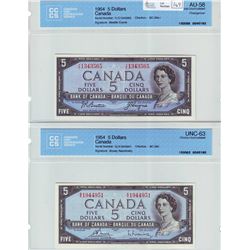 Bank of Canada; $5.00 note 1954, BC-39a-i, Y/C1343565, CCCS AU-58; Changeover & $5.00 note 1954, BC-