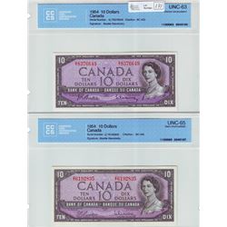 Bank of Canada; $10.00 note 1954, BC-40b, G/T8376649, CCCS UNC-63 & $10.00 note 1954, BC-40b, serial