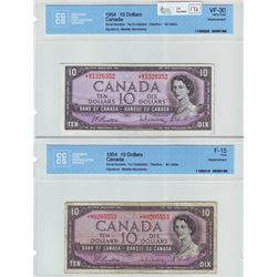 Bank of Canada; $10.00 Replacement note 1954, BC-40bA, *B/D1326352, CCCS VF-30 & $10.00 Replacement 