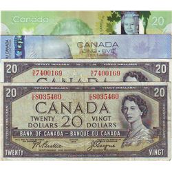Bank of Canada; $20.00 note 1954 BC-41a E/E8035460, $20.00 note 1954 BC-41b N/E7400169, $5.00 note 2