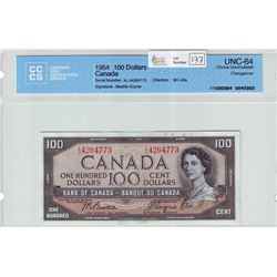 Bank of Canada; $100.00 note 1954, BC-43a, serial A/J4264773, CCCS UNC-64.