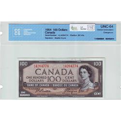 Bank of Canada; $100.00 note 1954, BC-43a, serial A/J4264774, CCCS UNC-64.