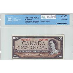 Bank of Canada; $100.00 note 1954, BC-43c, serial B/J8293893, CCCS AU-55
