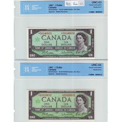 Bank of Canada; $1.00 Replacement note 1967, BC-45bA, *N/O0140855, CCCS UNC-63 & BC-45bA-i, *B/M1620