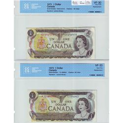 Bank of Canada; $1.00 Replacement note 1973, BC-46aA, *GF6727075 & *IL1896942, CCCS VF-30 & BC-46aA-