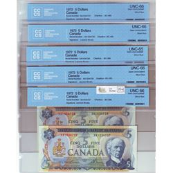 Bank of Canada; $5.00 note 1972, BC-48b, serial XA1534727-728-729-730 & 731, all CCCS UNC-66; Short 