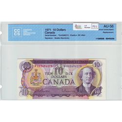 Bank of Canada; $10.00 Replacement note 1971, BC-49aA, *DA2696273, CCCS AU-58.