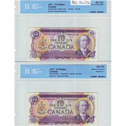 Bank of Canada; $10.00 note 1971, BC-49b, serial DW9177756 & $10.00 Replacement note 1971, BC-49bA, 