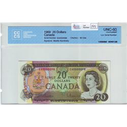 Bank of Canada; $20.00 Low Serial Number note 1969, BC-50a, serial EA0000098, CCCS UNC-60.