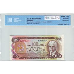 Bank of Canada; $100.00 Replacement note 1975, BC-52bA, serial AJX0936347, CCCS UNC-62.