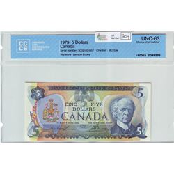 Bank of Canada; $5.00 note 1979, BC-53a, serial 30021251957, CCCS UNC-63.