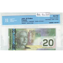 Bank of Canada; $20.00 note 2004, BC-64aA-i, Jenkins Dodge, serial EYI8044652, Insert Range 7.920M -