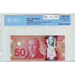 Bank of Canada; $50.00 Radar note 2012, BC-72a, serial AHW2153512, CCCS UNC-68; 4 Digit Radar.