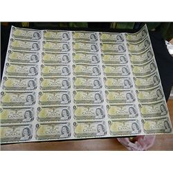 Bank of Canada; $1.00 sheet of 40 notes 5 x 8 1973, BC-46b, Prefix BFL, ends of sheet wrinkled as mo