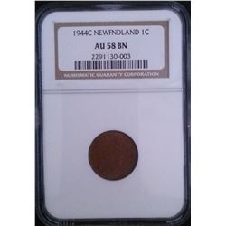 Newfoundland 1 cent 1944 in NGC AU-58; Brown.