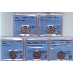 5 cents 1944, CCCS VF-30, 1945 CCCS EF-45, 1951 CCCS VF-30 Low Relief, 1953 CCCS VF-20; Shoulder Fol