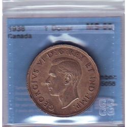Silver dollar 1938, CCCS MS-60, medium grey toning with underlying lustre.
