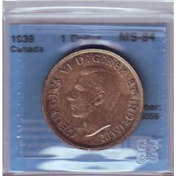 Silver dollar 1939, CCCS MS-64, light grey/gold tone with great lustre.