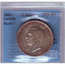 Silver dollar 1947, CCCS MS-60; Blunt 7, light lustrous gold toning on this key date.
