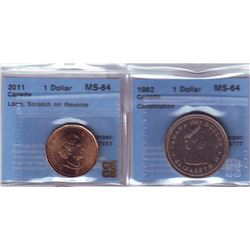 Nickel dollar 1982 Constitution CCCS MS-64 & 2011 Loon CCCS MS-64; Scratch on Reverse. Lot of 2 coin