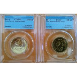 Loon dollar 2011 Reverse Security Stamps CCCS MS-65. Lot of 2 coins.